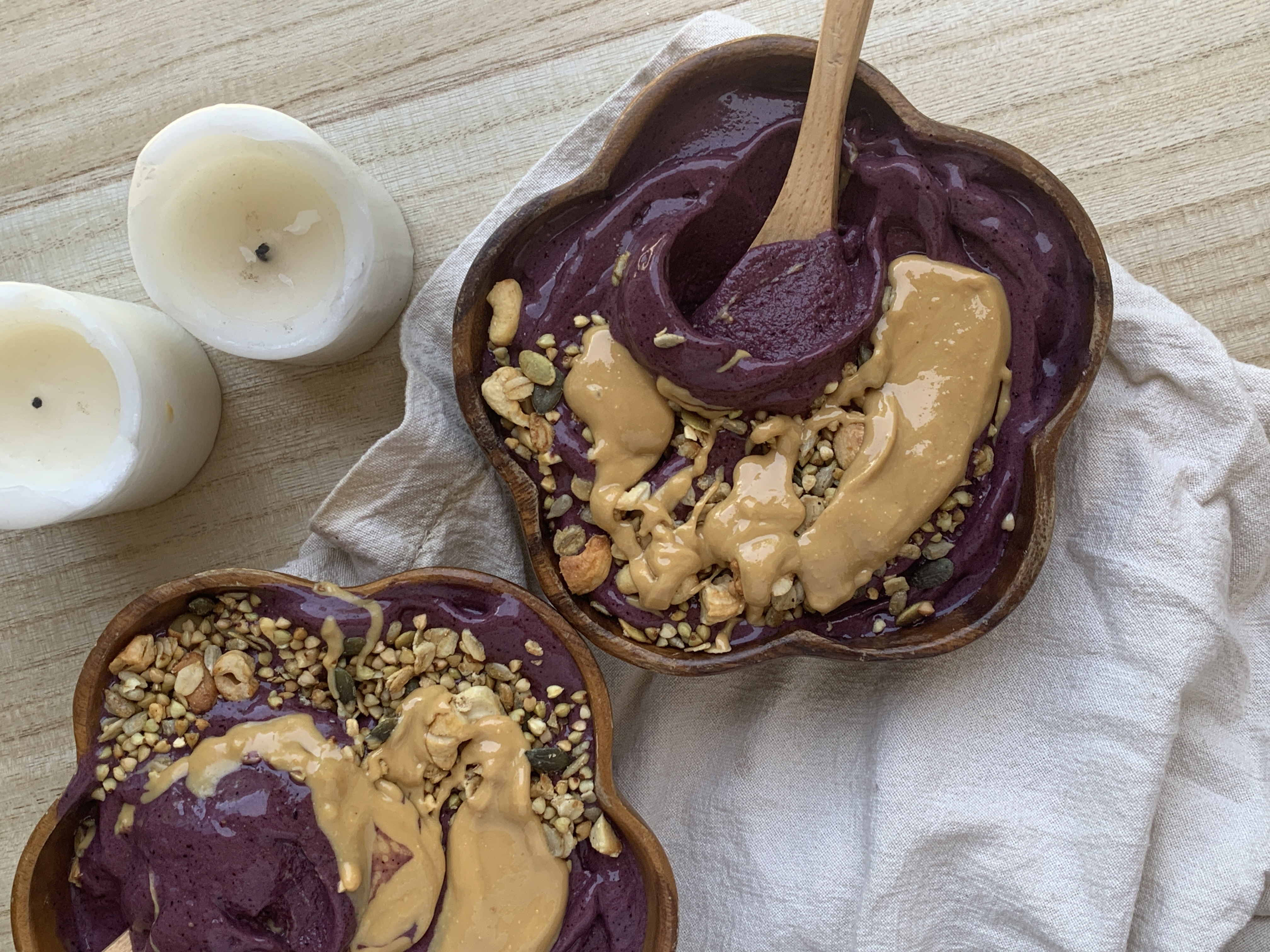 PB & J Açai bowl. Acai smoothie bowl with creamy peanut butter, açaí making the perfect jelly.