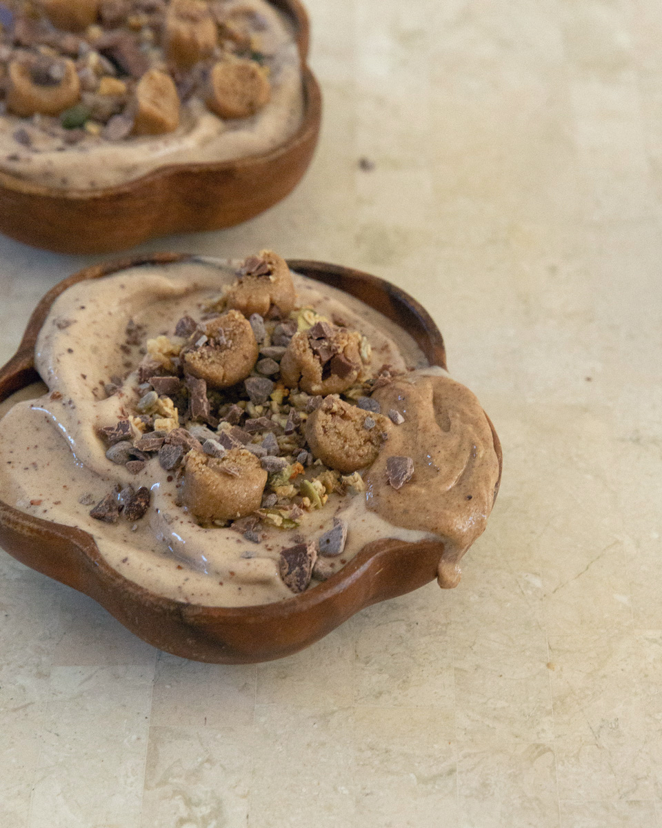 cookie dough smoothie bowl with choc chip and almond butter