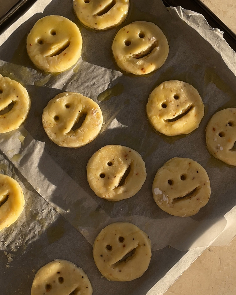 healthy homemade smiley fries about to go into the oven